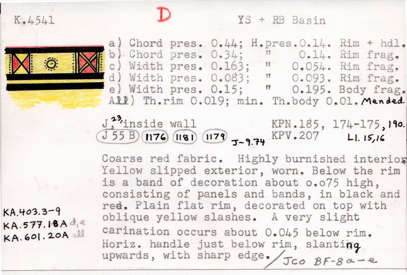 Index card with typed and handwritten information, sometimes including a sketch, of pottery from an excavation.