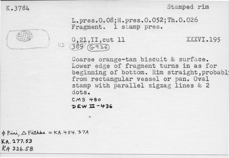 Index card with typed and handwritten information, sometimes including a sketch, of pottery from an excavation.