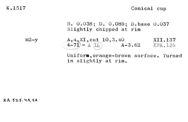 Index card with typed and handwritten information, sometimes including a sketch, of pottery from an excavation.