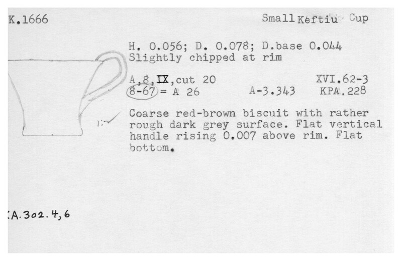 Index card with typed and handwritten information, sometimes including a sketch, of pottery from an excavation.