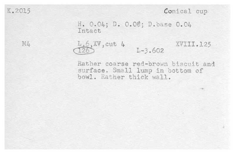 Index card with typed and handwritten information, sometimes including a sketch, of pottery from an excavation.