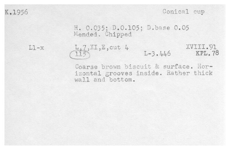 Index card with typed and handwritten information, sometimes including a sketch, of pottery from an excavation.