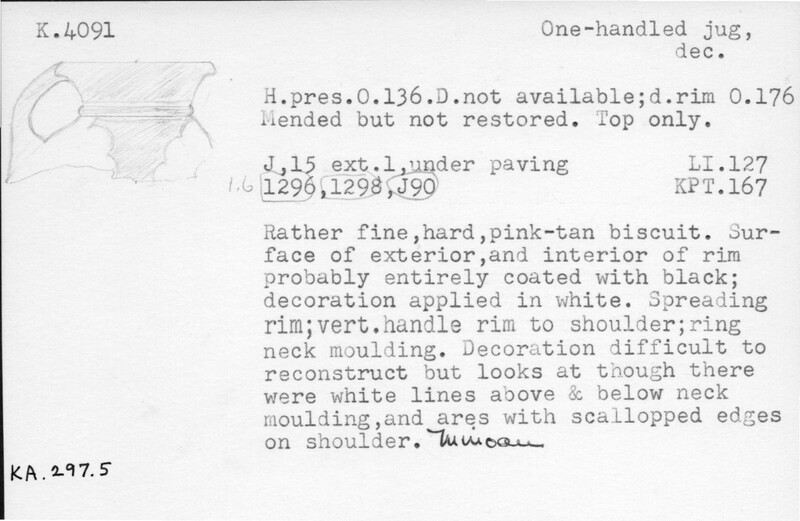Index card with typed and handwritten information, sometimes including a sketch, of pottery from an excavation.