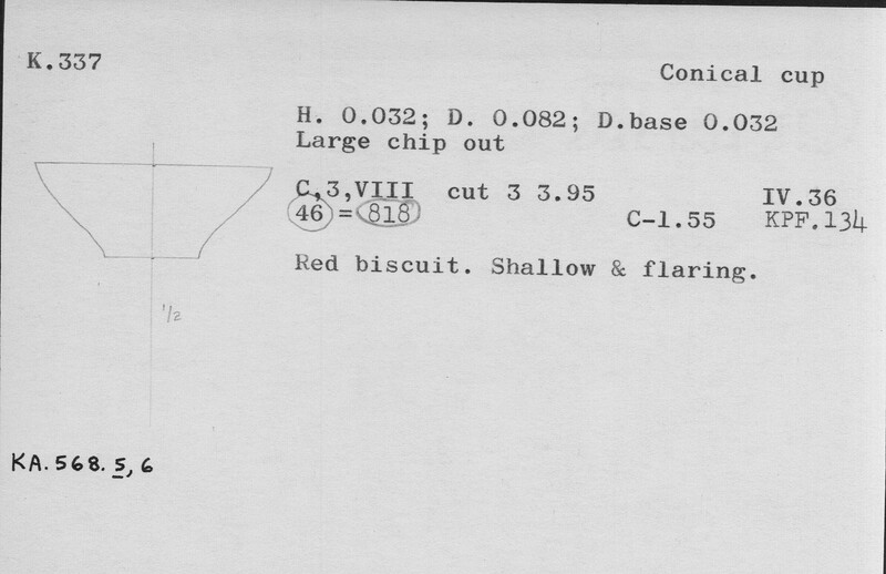 Index card with typed and handwritten information, sometimes including a sketch, of pottery from an excavation.