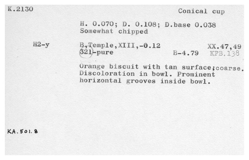 Index card with typed and handwritten information, sometimes including a sketch, of pottery from an excavation.