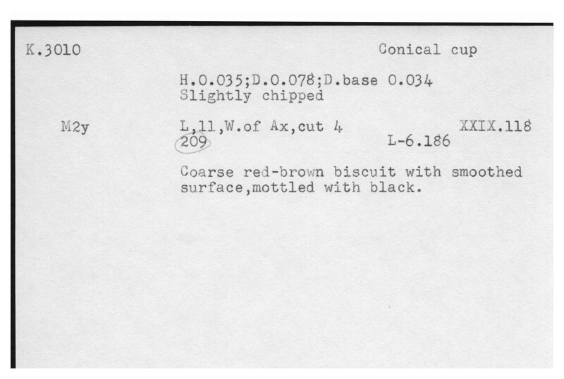 Index card with typed and handwritten information, sometimes including a sketch, of pottery from an excavation.