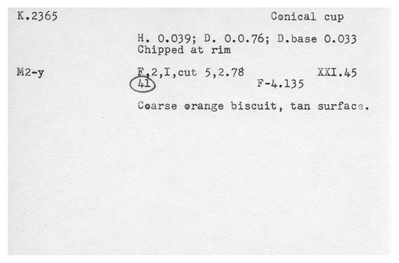 Index card with typed and handwritten information, sometimes including a sketch, of pottery from an excavation.