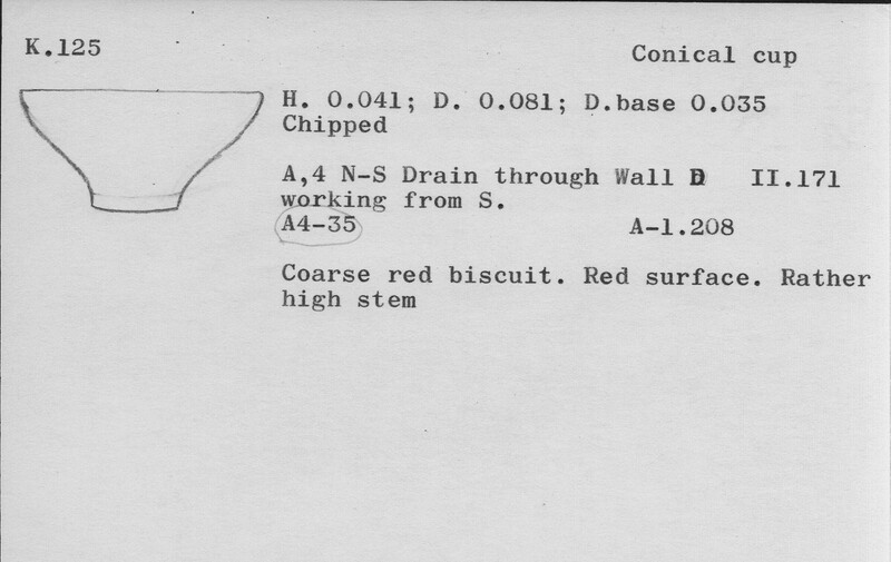 Index card with typed and handwritten information, sometimes including a sketch, of pottery from an excavation.