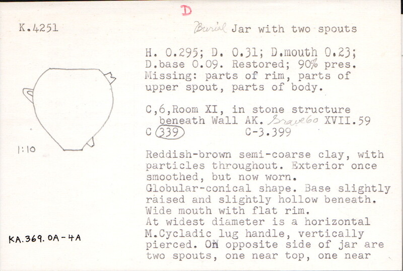 Index card with typed and handwritten information, sometimes including a sketch, of pottery from an excavation.
