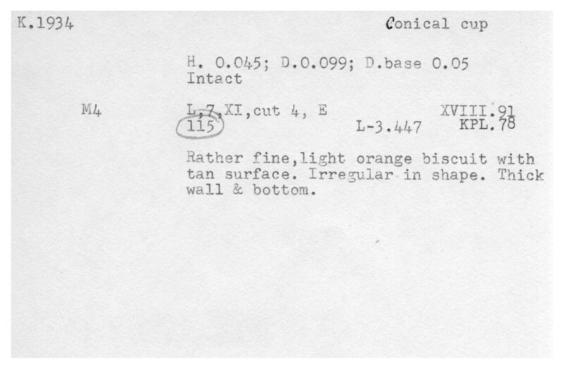 Index card with typed and handwritten information, sometimes including a sketch, of pottery from an excavation.
