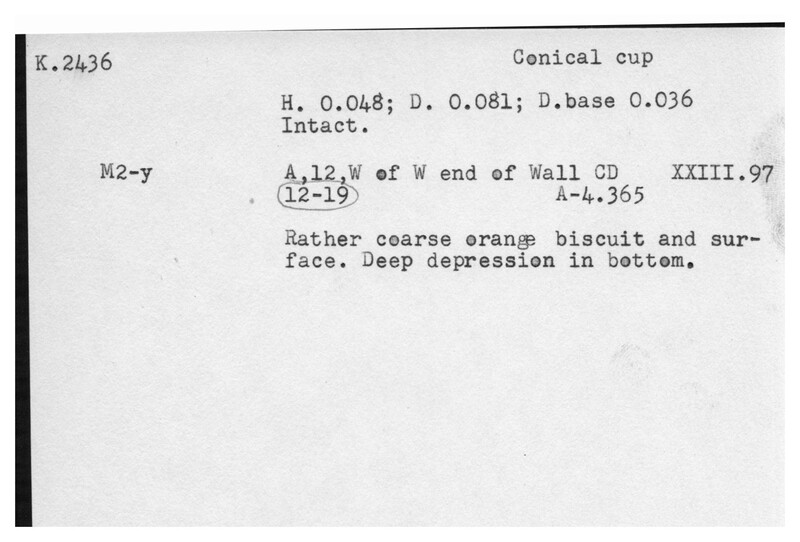 Index card with typed and handwritten information, sometimes including a sketch, of pottery from an excavation.