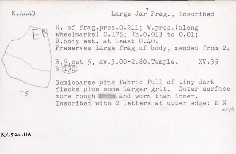 Index card with typed and handwritten information, sometimes including a sketch, of pottery from an excavation.