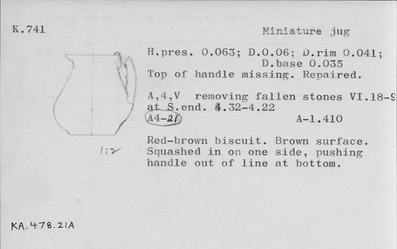 Index card with typed and handwritten information, sometimes including a sketch, of pottery from an excavation.