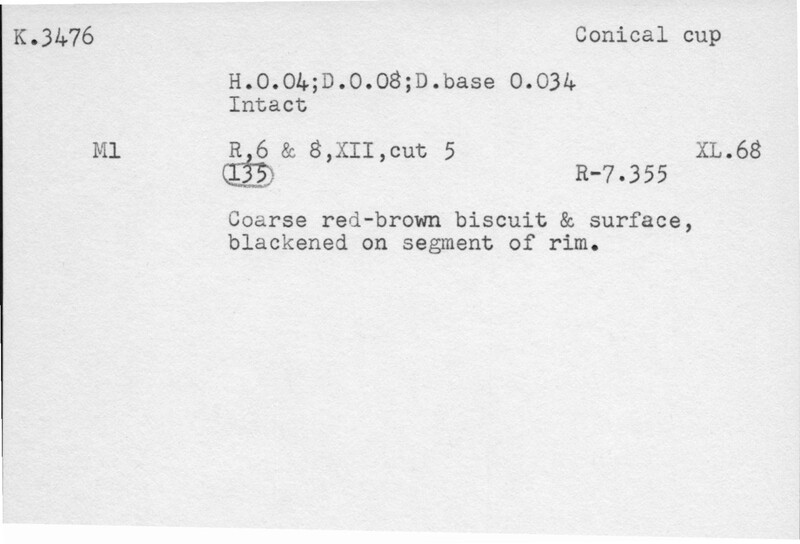 Index card with typed and handwritten information, sometimes including a sketch, of pottery from an excavation.