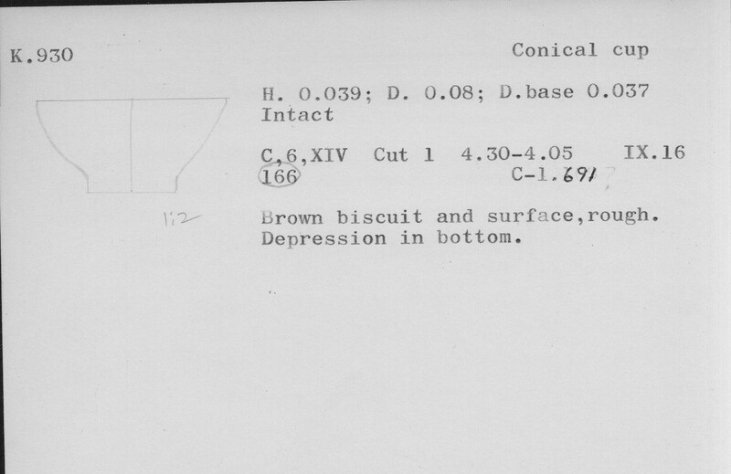 Index card with typed and handwritten information, sometimes including a sketch, of pottery from an excavation.