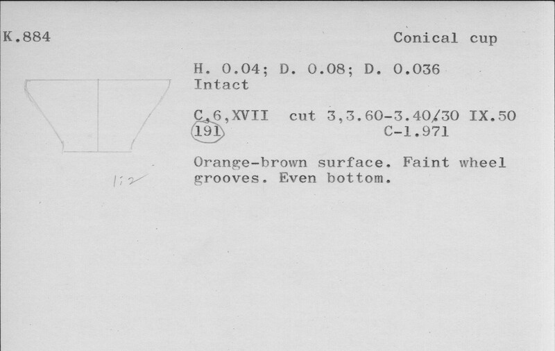 Index card with typed and handwritten information, sometimes including a sketch, of pottery from an excavation.