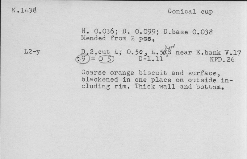 Index card with typed and handwritten information, sometimes including a sketch, of pottery from an excavation.