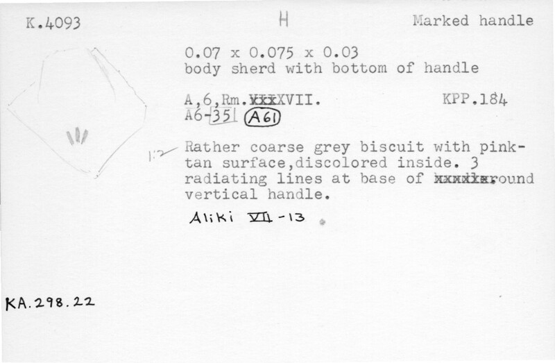 Index card with typed and handwritten information, sometimes including a sketch, of pottery from an excavation.