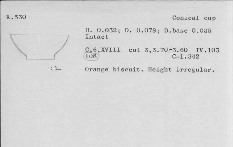 Index card with typed and handwritten information, sometimes including a sketch, of pottery from an excavation.