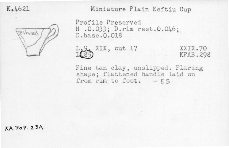 Index card with typed and handwritten information, sometimes including a sketch, of pottery from an excavation.