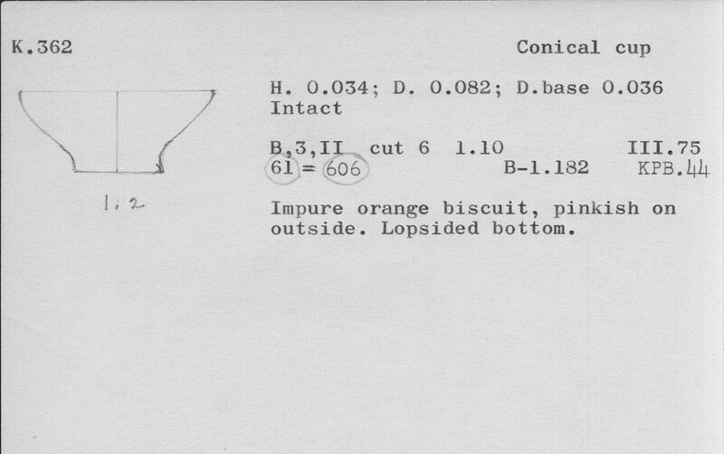 Index card with typed and handwritten information, sometimes including a sketch, of pottery from an excavation.