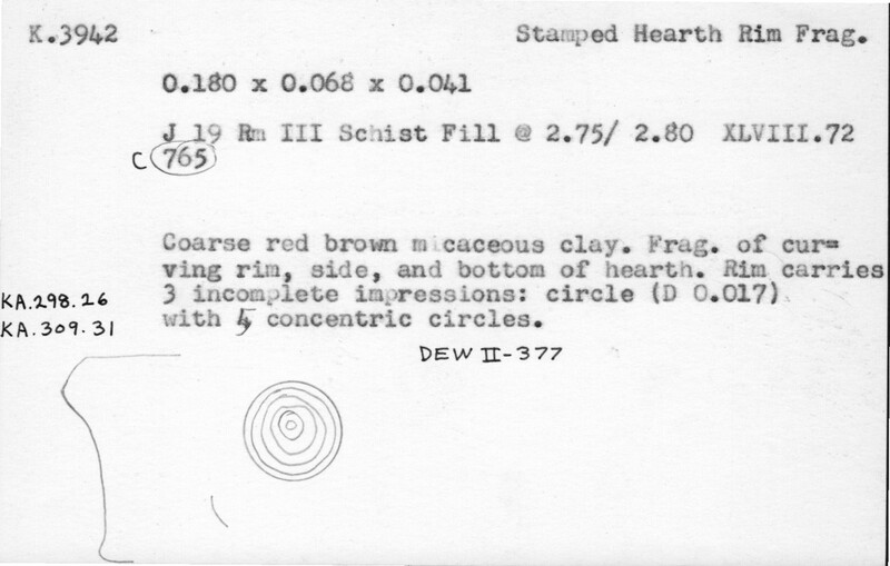 Index card with typed and handwritten information, sometimes including a sketch, of pottery from an excavation.