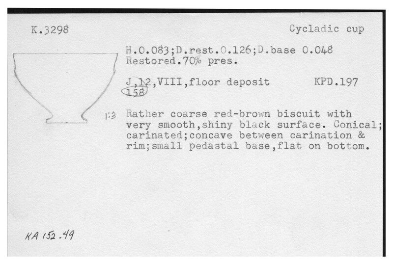 Index card with typed and handwritten information, sometimes including a sketch, of pottery from an excavation.