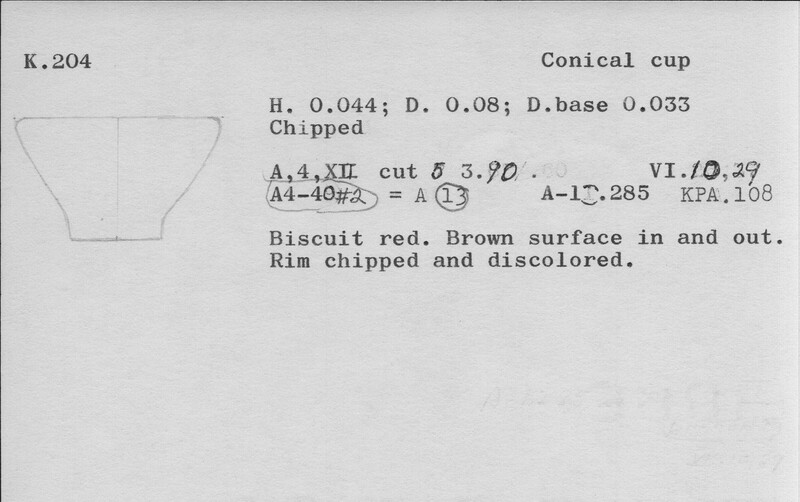 Index card with typed and handwritten information, sometimes including a sketch, of pottery from an excavation.