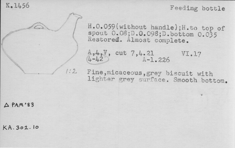 Index card with typed and handwritten information, sometimes including a sketch, of pottery from an excavation.