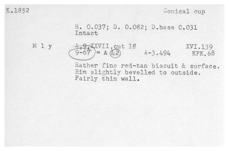 Index card with typed and handwritten information, sometimes including a sketch, of pottery from an excavation.