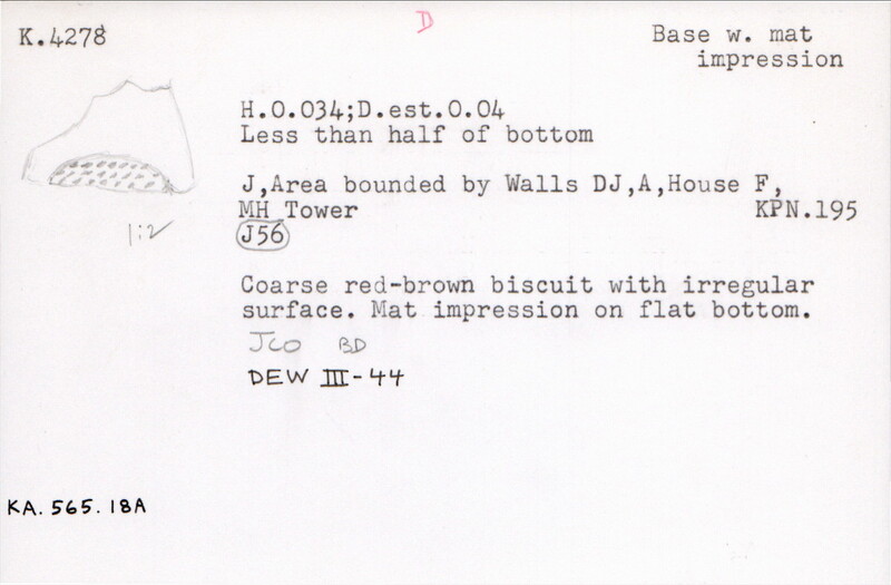 Index card with typed and handwritten information, sometimes including a sketch, of pottery from an excavation.