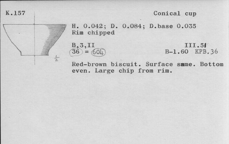 Index card with typed and handwritten information, sometimes including a sketch, of pottery from an excavation.