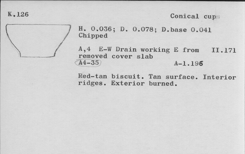 Index card with typed and handwritten information, sometimes including a sketch, of pottery from an excavation.
