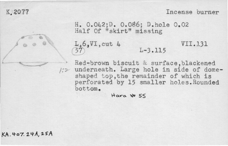 Index card with typed and handwritten information, sometimes including a sketch, of pottery from an excavation.