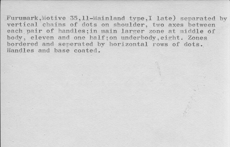 Index card with typed and handwritten information, sometimes including a sketch, of pottery from an excavation.