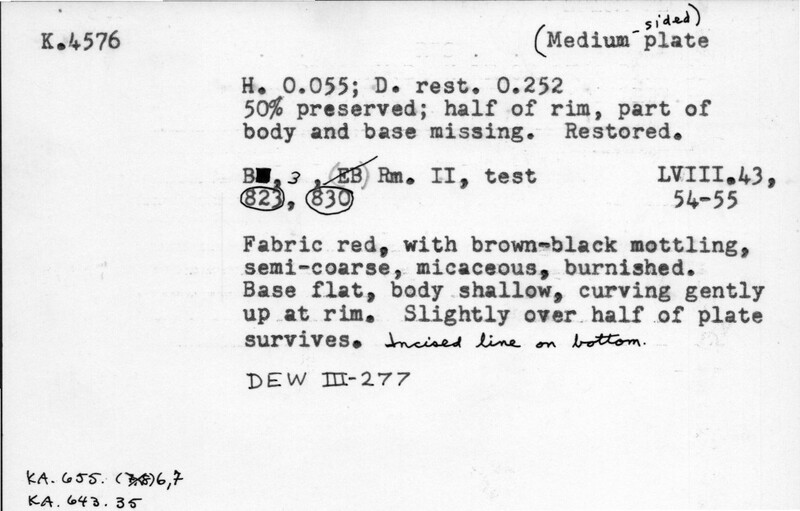 Index card with typed and handwritten information, sometimes including a sketch, of pottery from an excavation.