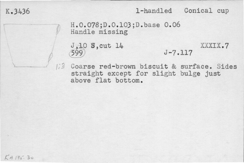 Index card with typed and handwritten information, sometimes including a sketch, of pottery from an excavation.