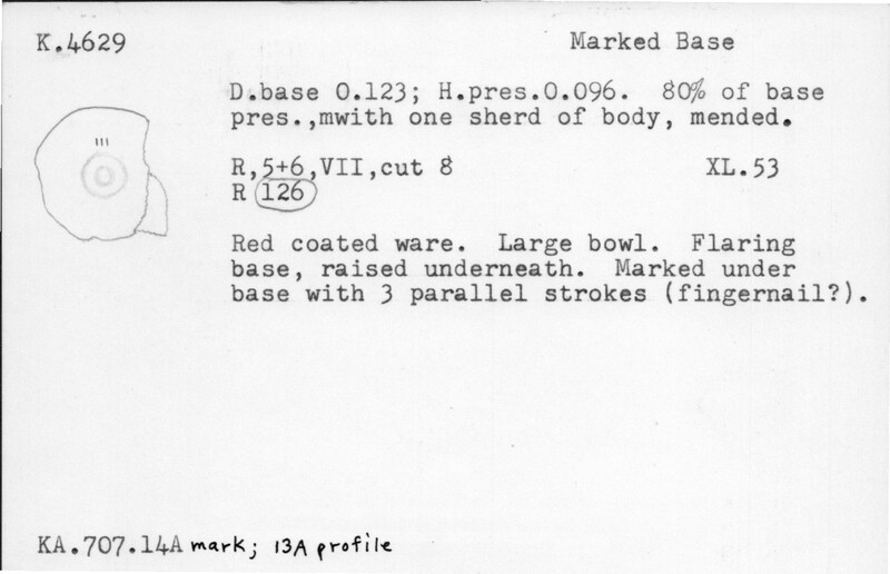 Index card with typed and handwritten information, sometimes including a sketch, of pottery from an excavation.