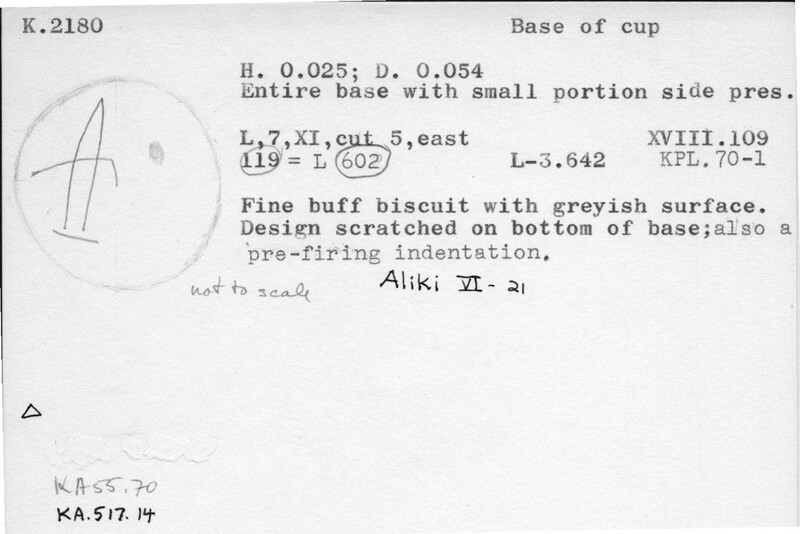 Index card with typed and handwritten information, sometimes including a sketch, of pottery from an excavation.