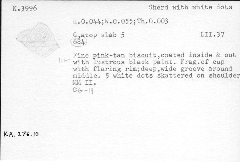 Index card with typed and handwritten information, sometimes including a sketch, of pottery from an excavation.