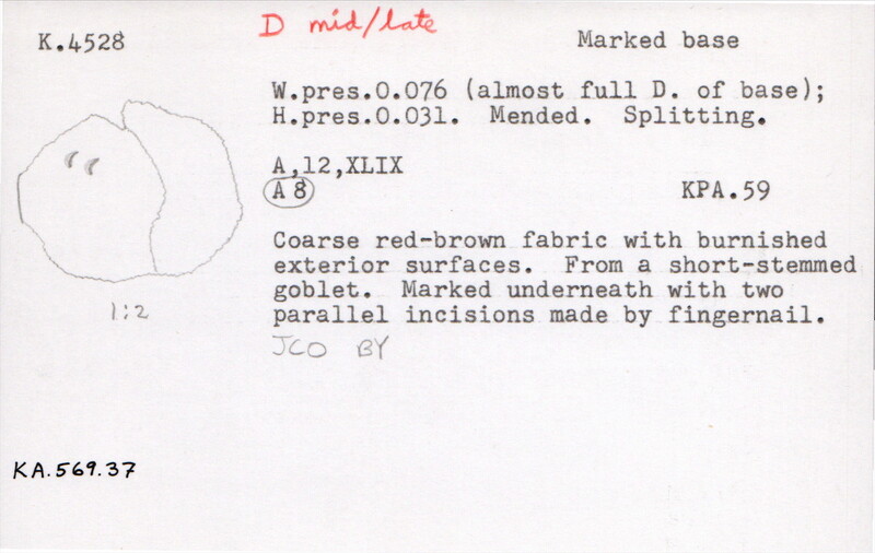 Index card with typed and handwritten information, sometimes including a sketch, of pottery from an excavation.