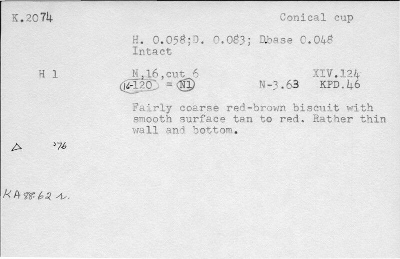 Index card with typed and handwritten information, sometimes including a sketch, of pottery from an excavation.