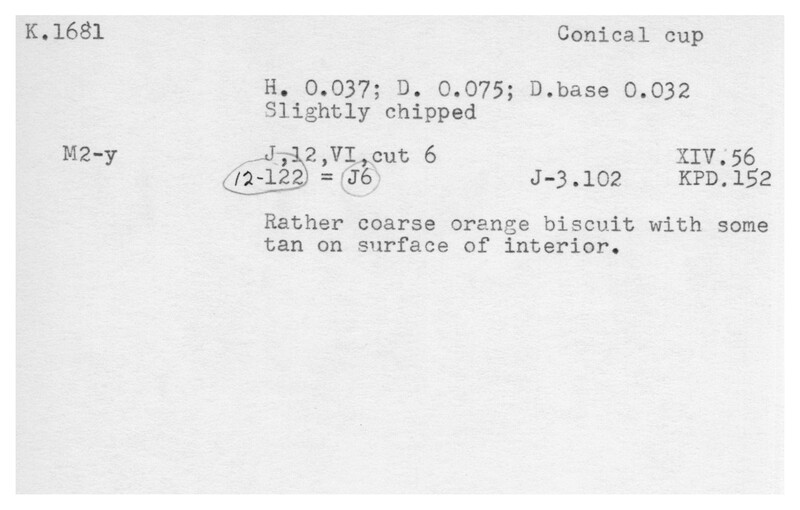 Index card with typed and handwritten information, sometimes including a sketch, of pottery from an excavation.