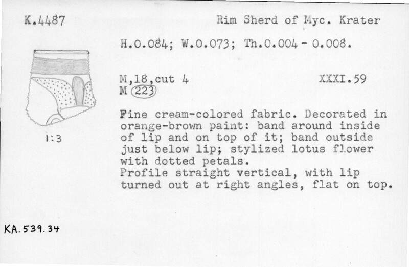 Index card with typed and handwritten information, sometimes including a sketch, of pottery from an excavation.