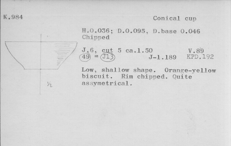 Index card with typed and handwritten information, sometimes including a sketch, of pottery from an excavation.