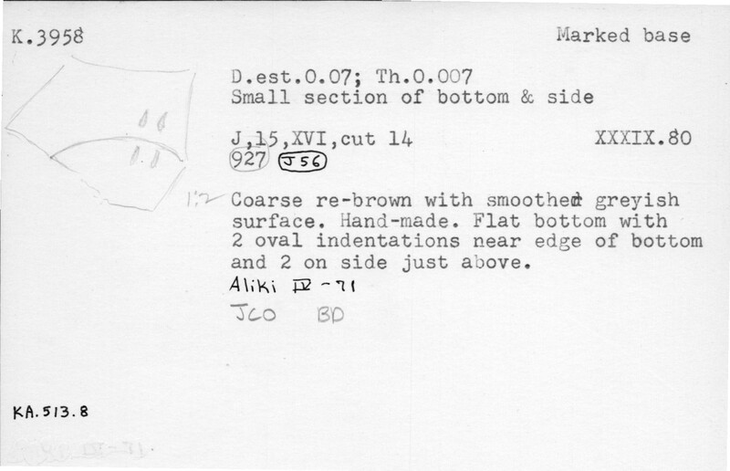 Index card with typed and handwritten information, sometimes including a sketch, of pottery from an excavation.