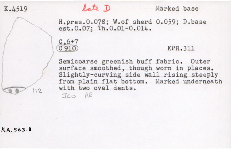 Index card with typed and handwritten information, sometimes including a sketch, of pottery from an excavation.