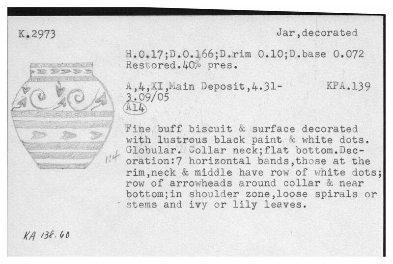 Index card with typed and handwritten information, sometimes including a sketch, of pottery from an excavation.