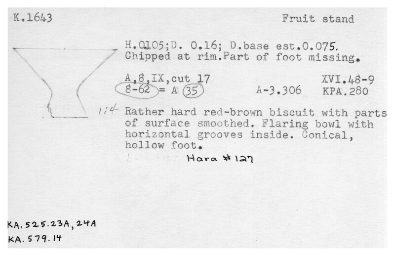 Index card with typed and handwritten information, sometimes including a sketch, of pottery from an excavation.