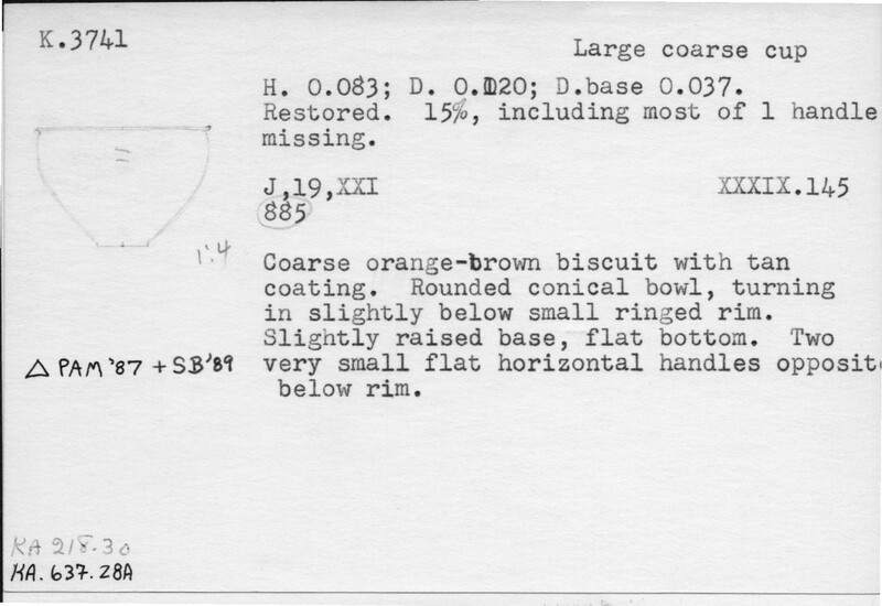 Index card with typed and handwritten information, sometimes including a sketch, of pottery from an excavation.